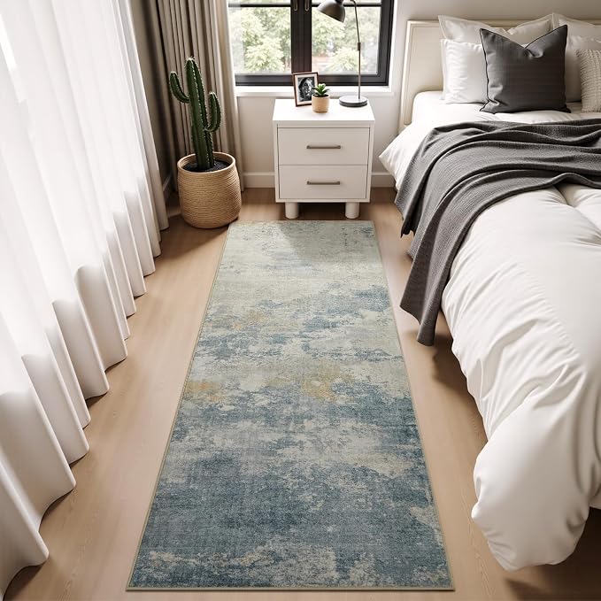 Joydeco 2x6 Washable Runner Rug for Hallway, Modern Abstract Non-Slip Soft Rugs, Low Pile Carpet for Entryway, Bedroom, Kitchen, Laundry, White & Blue & Gold