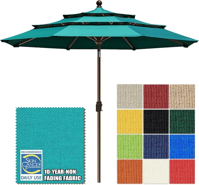 EliteShade USA 10-Year-Non-Fading 10ft 3-Tier Market Patio Umbrella, Commercial Grade Outdoor Table Umbrella with Crank Open, Windproof & UPF 50+ UV Protection, Heavy Duty Ventilation for Garden, Deck, Pool, Backyard, Beach & Bistro, Teal