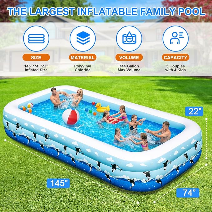 Large Inflatable Swimming Pool 145" x 74" x 22" Family Size Blow Up Pool for Adults & Kids, Oversized Backyard Kiddie Pool for Outdoor, Garden, Summer Water Party