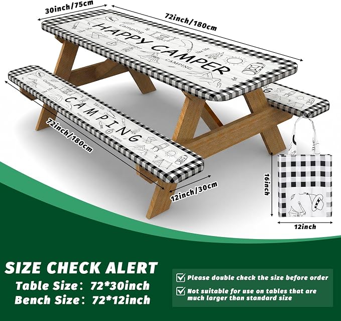 Picnic Table Cover with Bench Covers Elastic Edges Outdoor Camping Essentials 4 Pcs Plaid Waterproof Oil-Proof Tablecloth with Handbag for RV Accessories Farmhouse Camping Rustic Party Decor 72 IN