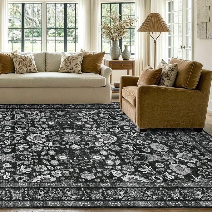 5x7 Ft Area Rugs for Living Room, Soft Non-Slip Machine Washable Rug, Vintage Stain Resistant Carpets for Bedroom Nursery Dining Room Home Decor (Black)