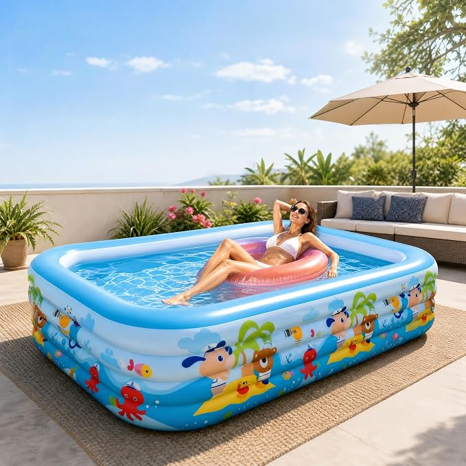 Heavy Duty 4-Ring Inflatable Family Pool 118x69x26 Inches Blow Up Swimming Pool for Backyard Garden Summer Water Party