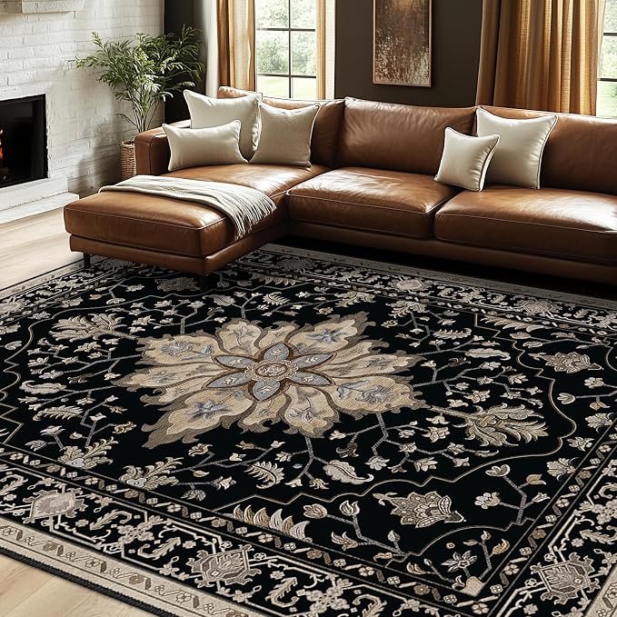 RELEANY Washable Area Rug, 7'x9', Black/Neutral | Non-Slip, Water Repellent, Pet Friendly, Easy to Clean, Vintage Floral Boho Decor for Living Room Bedroom Dining Room Office