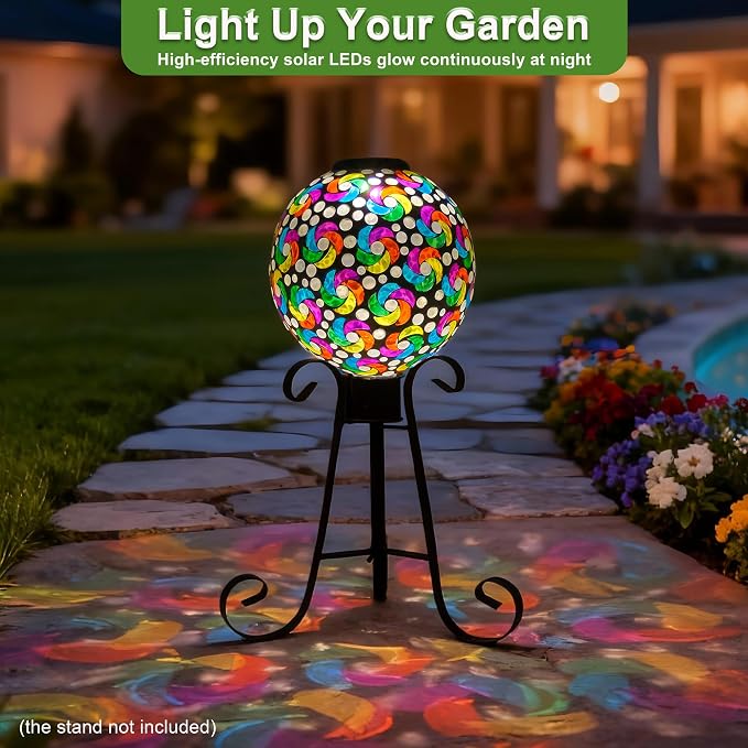 SAVENNA Mosaic Solar Gazing Ball 10 Inch, Glass Garden Globe with Auto On/Off for Yard, Lawn & Outdoor Decor, Multicolor Mosaic