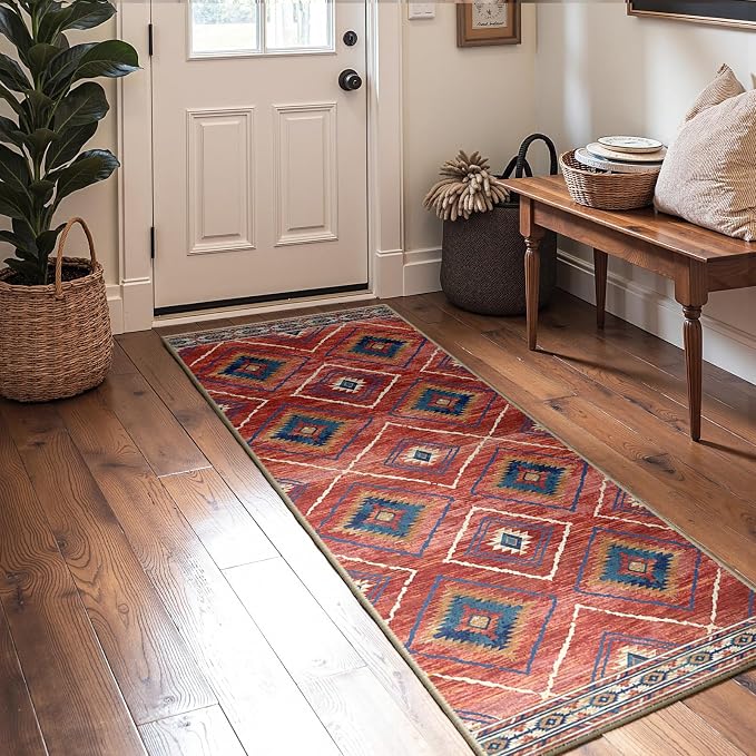2'x6' Washable Area Rug for Living Room Runner Red/Orange | Soft Western No Slip Low Pile Print Foldable Indoor Small Rug for Kitchen entrance entryway hallway