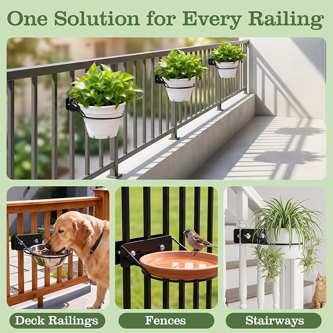Adjustable Width Railing Plant Holder - 3pc Metal Railscapes Plant Holder Between Rails, 8.6 Inches Rustproof Plant Hangers for Railings Balcony or Stair