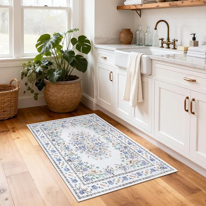 GarveeHome 3x5 Floral Rug for Nursery Vintage Flower Leaf Bordered Carpet | Machine Washable Non-Slip Low Pile Throw Floor Cover Colorful Beige Area Rug for Bedroom Living Room Dining