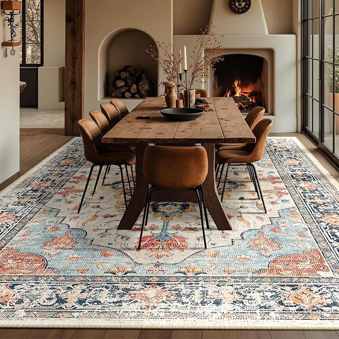 RELEANY Washable Area Rug, Large 10'x14', Beige/Blue/Orange | Non-Slip, Water Repellent, Pet Friendly, Easy to Clean, Vintage Floral Boho Decor for Living Room Bedroom Dining Room