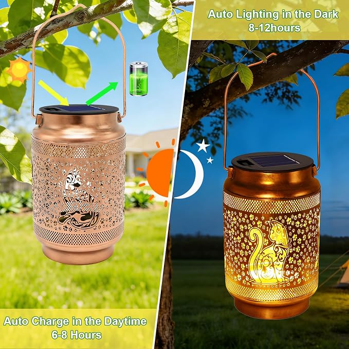 Cat Solar Lanterns Outdoor Waterproof Solar Garden Decor, Birthday Gifts for Women Mom Grandma, Metal Hanging Lights with Shepherd Hook for Outside Yard Patio Pathway Backyard Porch