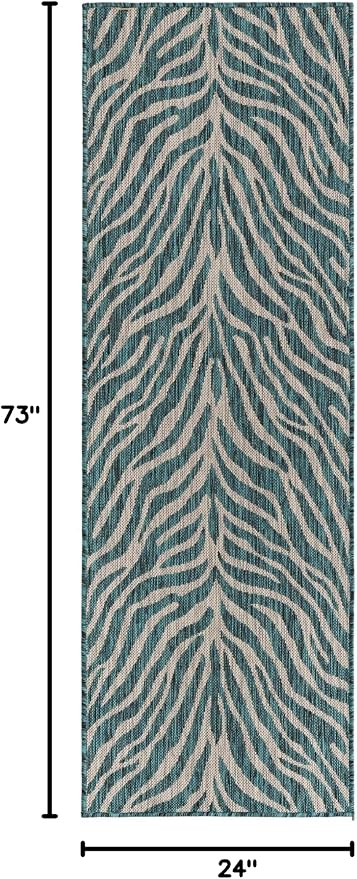 Unique Loom Outdoor Safari Collection Area Rug - Tsavo (2' x 6' 1" Runner, Teal/ Ivory)