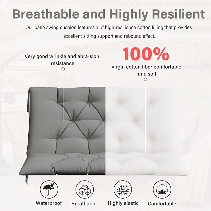 Porch Swing Cushion with Backrest,Waterproof Bench Cushion for Outdoor Furniture,2-3 Seater Replacement Thickened 5 in swing cushion,with Ties,Patio,Outdoor,Backyard and Garden (Light Grey,40x40 in)