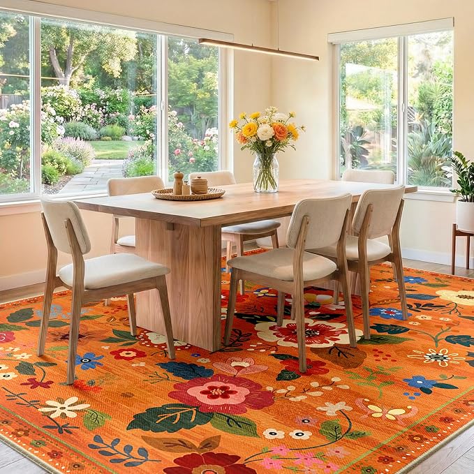 RELEANY Floral Washable 9x12 Area Rugs BurntOrange | Flower Carpet, Print, Boho, Non-Slip, Easy to Clean, Soft, Low Pile for Living Room Bedroom Kitchen Office Entryway Hallway