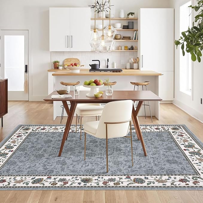 Garvee 6x9 Area Rugs Vintage Floral Washable Rugs Soft Rug | Grey Boho Border Area Rug Stain Resistant Easy Cleaning Throw Rugs Non Shedding Low Pile Floor Cover for Nursery Dining Room