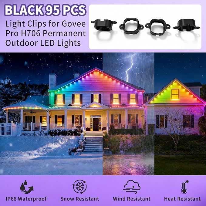 95 Pcs Light Clips for Govee Pro H706 Permanent Outdoor LED Lights Compatible with Govee Pro H706A H706B H706C Outdoor Decoration and Fixed luminaire Mounting Brackets Screws Kit (Black)