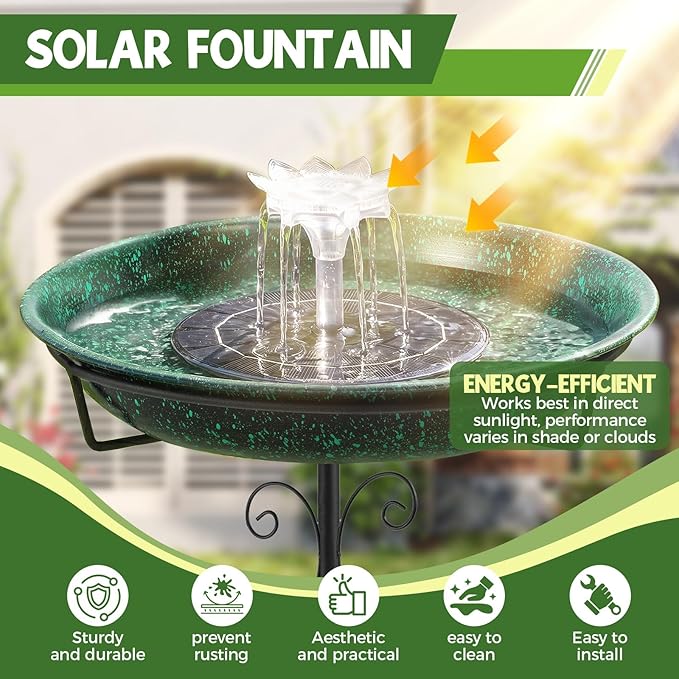 Solar Powered Metal Bird Bath with Fountains for Hummingbirds,Stable Stylish Design with 5-Prong Base Metal Stake Bird Baths for Outside Lawn Patio Yard Garden