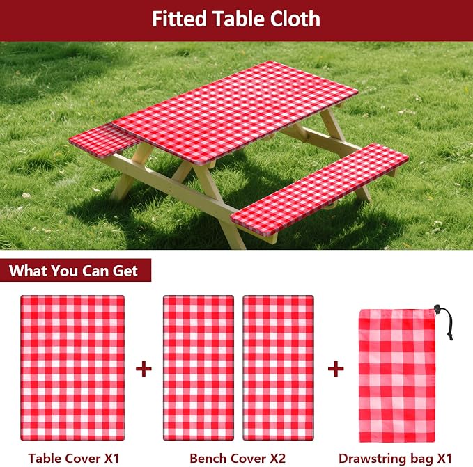 7ft Picnic Table and Bench Cover, Camping Essentials RV Gear, 84 in Waterproof Windproof Outdoor Elastic All Around Tablecloth, Fitted Rectangle Tables and Seats, Red-White Checkered