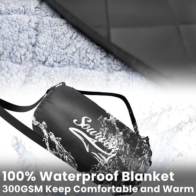 Waterproof Outdoor Blanket 62"x51" Sherpa Fleece 300GSM Black | Stadium Blankets for Camping, Packable, Windproof Emergency Throw for Grass Picnic Hiking Road Trip, Machine Washable