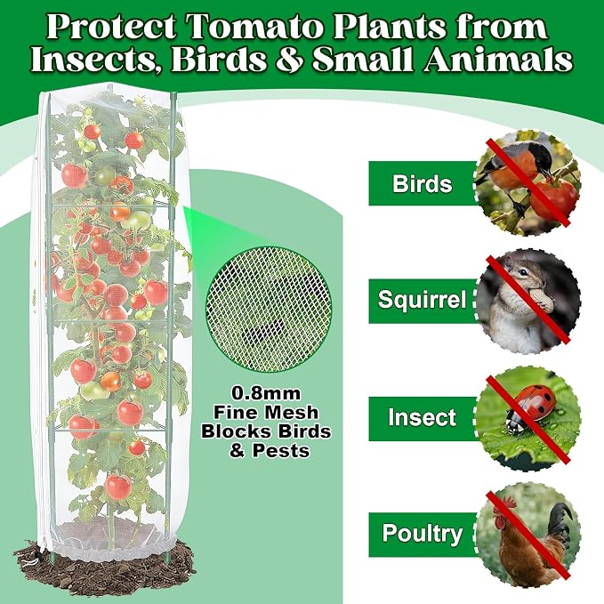 6 Pack Tomato Cage Netting Covers for Triangle Tomato Cages, 43" × 14.6" Fine Mesh Garden Netting with Easy-Access Zipper & Adjustable Drawstring, Durable Bird & Insect Barrier for Tomato Plants