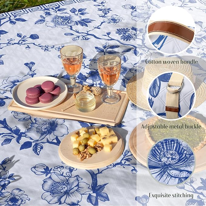 Newwiee 80 x 80 Inch Blue and White Floral Picnic Blanket Extra Large Outdoor Chinoiserie Picnic Mat with Carry Strap Waterproof Sandproof Blanket Foldable Portable for Beach Camping Grass Lawn Park