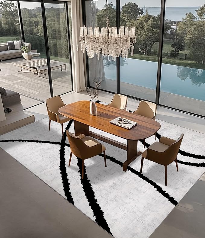 Modern Area Rugs for Living Room, 8x10 Washable Black and White Rug, Thin Abstract Geometric Striped Rug, Area Rug for Bedroom,Kitchen,Dining Room,Office