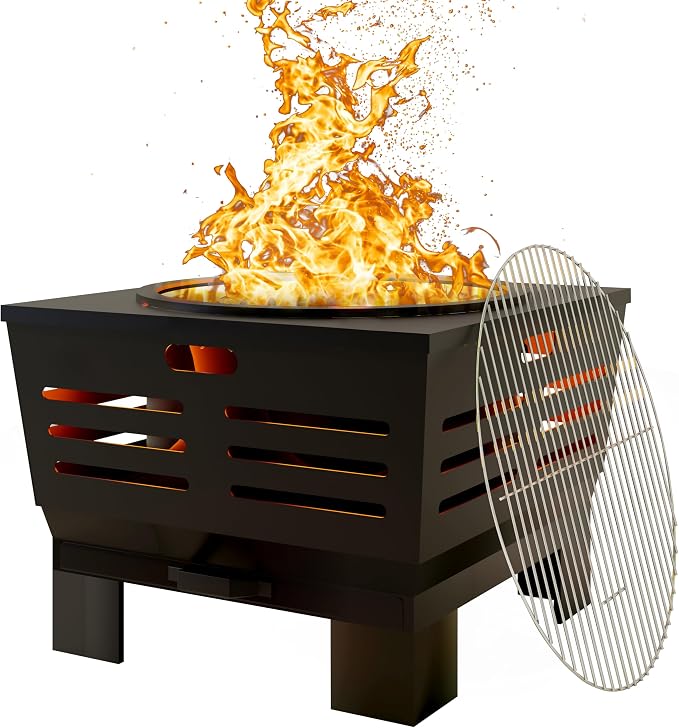 Fire Beauty Smokeless Wood Fire Pit with BBQ Grill for Camping & Backyard | Smokeless vent, ash pan, steel frame, 4-leg base, grill