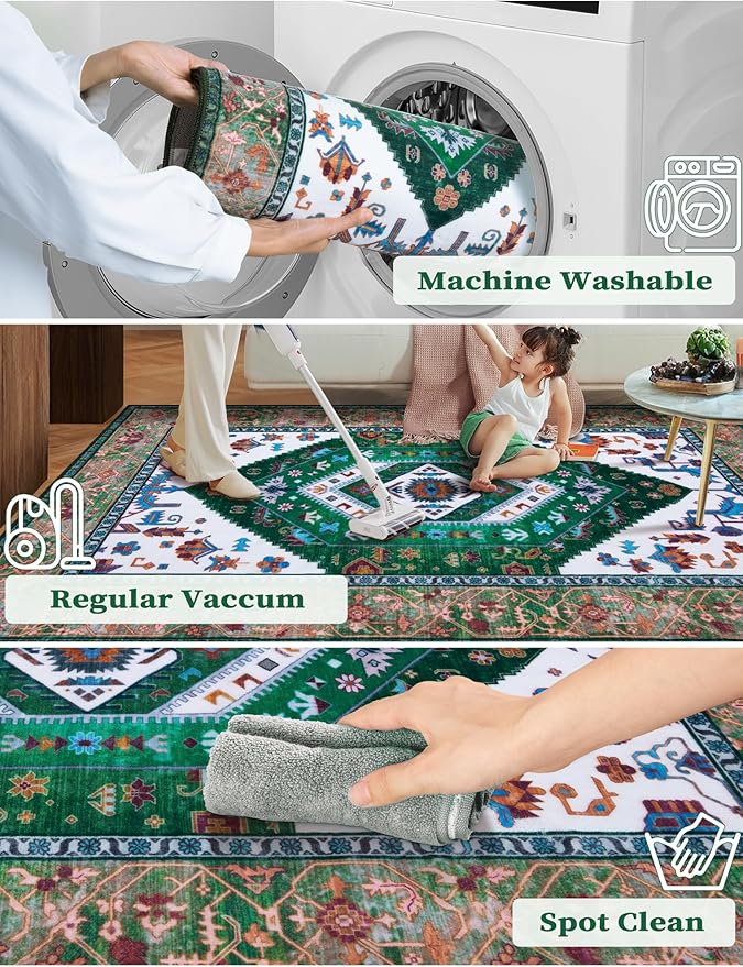 SERISSA 2x6 Washable Non Slip Boho Runner Rug for Hallway，Green White | Ultra Soft Vintage Oriental Carpet Low-Pile Distressed Tribal Floor Carpet for Kitchen Bedroom Bathroom Laundry Living Room