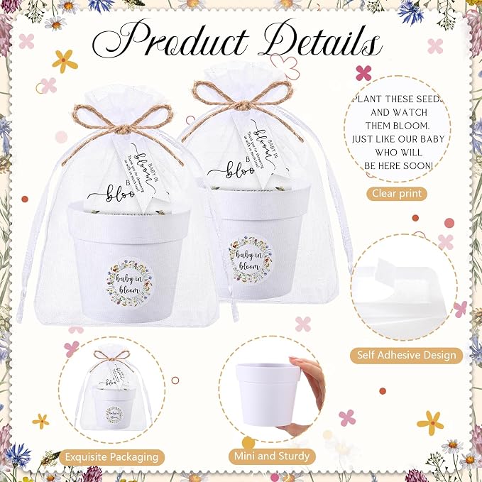 FoldTier 50 Sets Baby Shower Seeds Favors for Guests Mini Plastic Pots Kraft Wildflowers Envelopes with Thank You Tags, Stickers, Organza Bags, Baby in Bloom Party Favors (No Seed)
