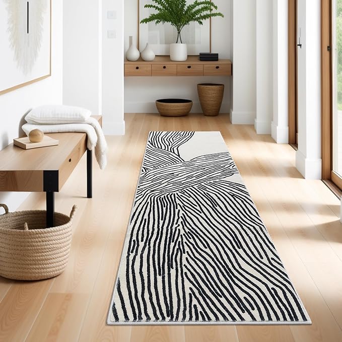 Zebra Runner Rug for Hallway, Modern, 2x6 Runner Rugs, Black and White Rug Thin Non-Slip Washable Rugs, Soft Contemporary Striped Carpet for Entryway Indoor, Kitchen, Laundry, Bedroom