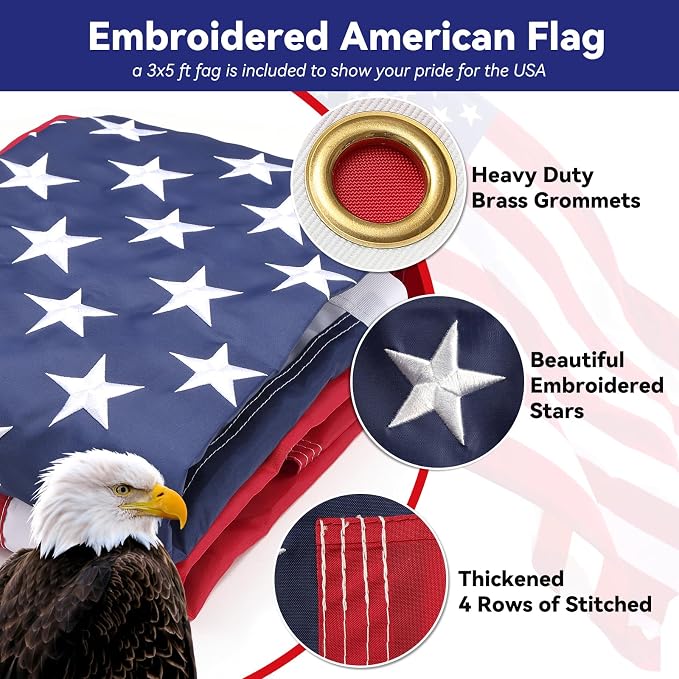 3x5 American Flag with Pole for House, 7FT Flag Pole Kit with us flag 3x5 heavy duty outdoor indestructible, Tangle Free Flag Pole with Bracket for Residential, Commercial, Outdoors Garden, Black