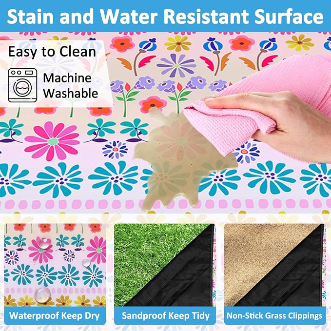 Floral Picnic Blankets Waterproof Foldable, 80″X80″ Extra Large Picnic Mat Boho Outdoor Blanket for Grass, Cute Packable Beach Blanket Sandproof Picnic Accessories for Camping Music Festival Park Lawn