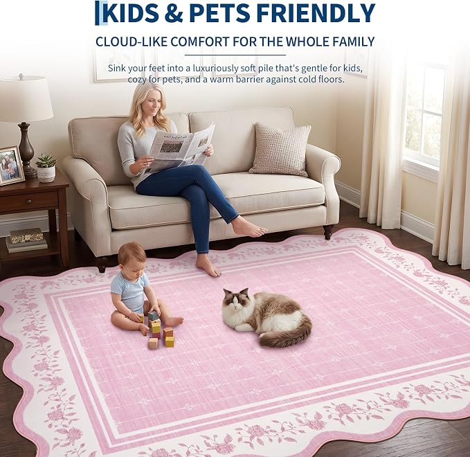 Garvee Washable Rugs for Living Room 8x10 Area Rugs Scalloped Rug Pink | Modern Bordered Non Slip Large Kids Bedroom Carpet Indoor Stain Resistant Floor Cover for Bedroom Dining Room Office Nursery