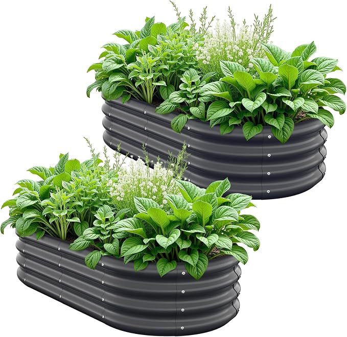Galvanized Steel Raised Garden Beds, 4x2x1ft-2PCS for Lightweight Planter Boxes Outdoor with Easy Assembly, Oval Large Gardening Box for Vegetables, Fruits, Flower,Black