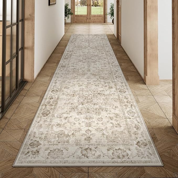 2x8 Beige Neutral Runner Rug | Washable, Non Slip, Soft Low Pile, Vintage Farmhouse, for Hallway Kitchen Laundry Bathroom Bedroom Living Room Home Decor
