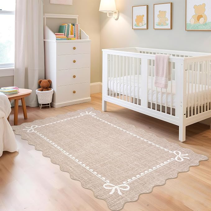 GarveeHome Scalloped Bow Rug 4x6 Washable Camel Rug for Bedroom Living Room | Non Slip Soft Low Pile Indoor Carpet for Nursery Girls Bedroom Decor Hallway Kids Room College Dorm Playroom