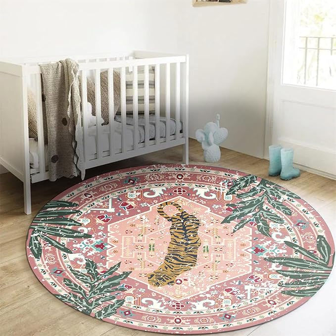 Washable Pink Rugs Thin Oriental Boho Vintage Cute Tropical Leopard 4ft Round Area Rugs for Bedroom Kitchen Dining Living Room Office Indoor Entryway Distressed Nursery Circle Carpet