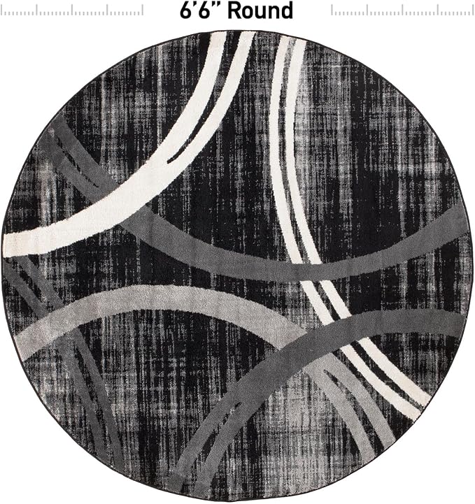 Rugshop Wavy Circles Modern Non-Shedding Living Room Round Rug Black 6'6" | Round, Bedroom, Dining Room, Home Office, Kitchen, Entryway, Hallway, Nursery, Kids Room, Guest Room, High Traffic Area
