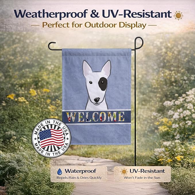 Caroline's Treasures BB1395GF Bull Terrier Welcome Garden Flag, Blue Mailbox Flag Decorative Yard Flag Banner Outside Patio Artwork Yard Flower Beds, Garden Size, Multicolor
