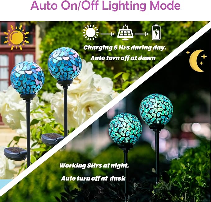 Solar Outdoor Decorative Light, Mosaic Stake for Yard Decor, 3.5" | 2 Pack Crackle Glass Sphere Mosaic Glass Ball Stake, Waterproof Design & Solar Lights for Lawn, Yard & Pathway Decor, Blue