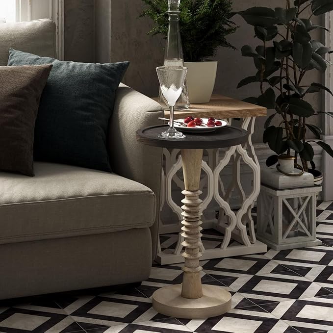 COZAYH Pedestal Small Drinking Table, Farmhouse Tray Top End Table, Distressed Finish, Black Top on Aging White Frame
