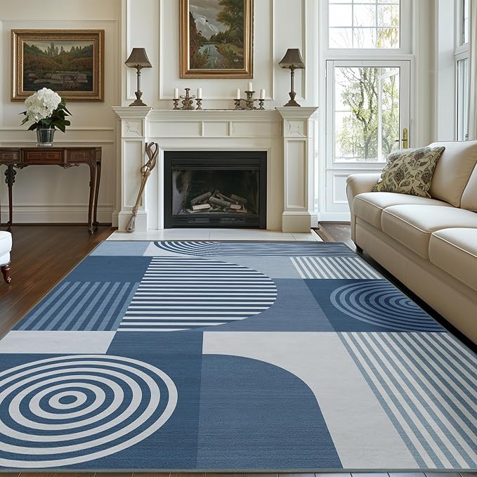 Area Rug 6x9 Living Room Blue Geometric Rug Machine Washable Minimalist Line Mid Century Modern Area Rugs Non Slip Low Pile Large Dining Room Indoor Floor Carpet for Bedroom Office,Blue