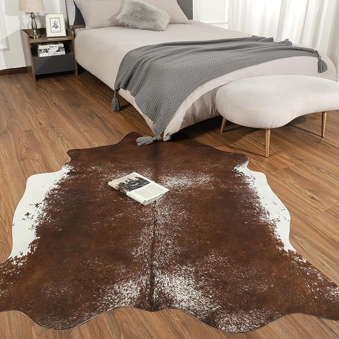 AROGAN Faux Cowhide Rug, Cow Print Large Animal Rug, 5.2x6.2 Ft Deep Brown | Premium Cow Hide Carpet, Western Rug for Bedroom Living Room Decor, Durable Faux Cow Skin Cowhide Area Rug