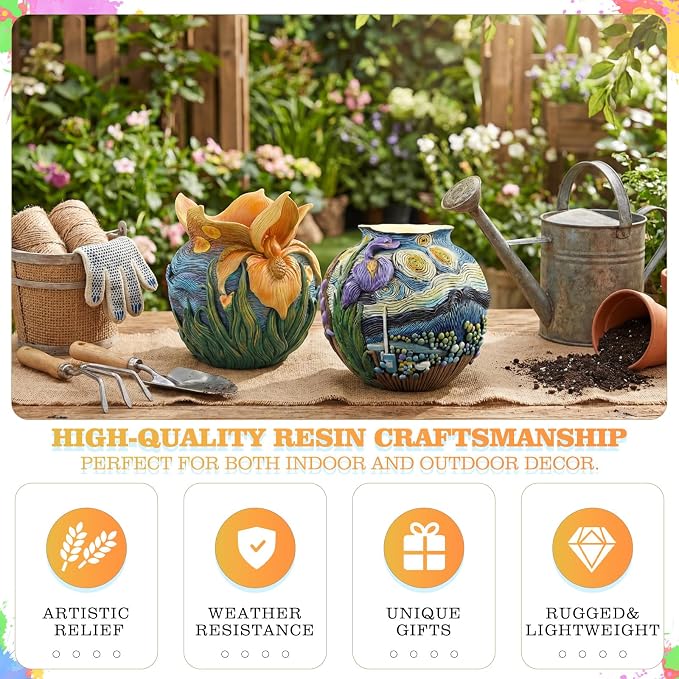 2 Pack Starry Night Planter Flower Plant Pots with Drainage Hole Cute Starry Sky Colorful Plant Pots Resin Decorative Planters for Indoor Outdoor Home Garden Art Floral Theme
