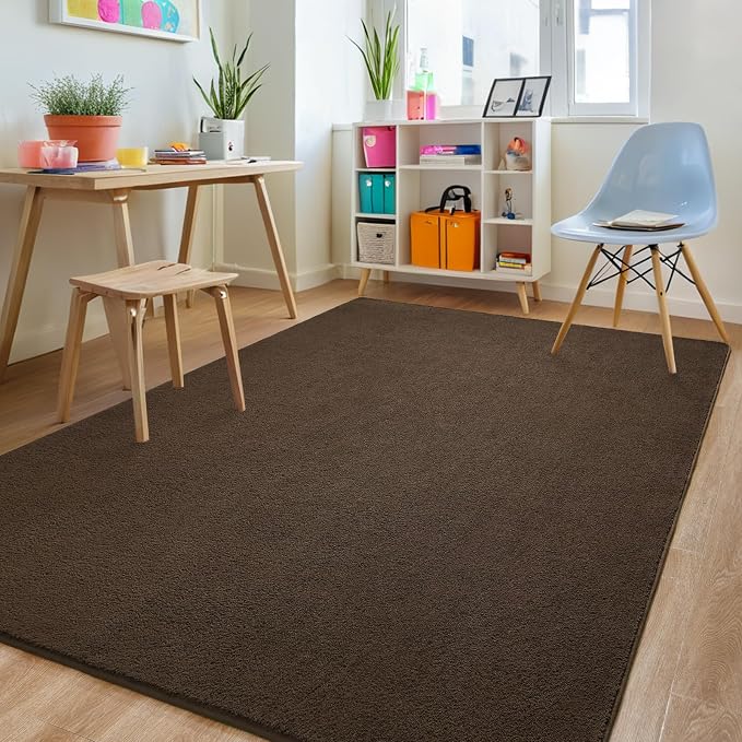 5x7 Dark Brown Area Rug Modern Aesthetic Minimalist | Washable Memory Foam, Low Pile Non Slip Indoor Carpet for Living Room Bedroom Office Classroom College Dorm Room Home Decor