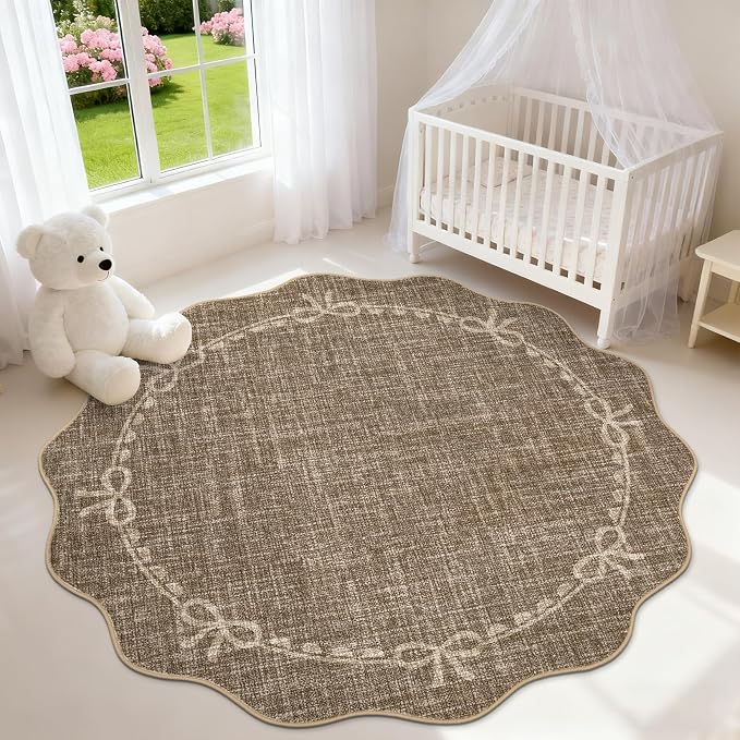 GarveeHome 6ft Round Rugs Washable Scalloped Bow Rug for Bedroom, Brown | Non Slip Soft Low Pile Ultra-Thin Stain Resistant Indoor Carpet for Living Room Nursery Girls Dorm Decor Kids Room Playroom