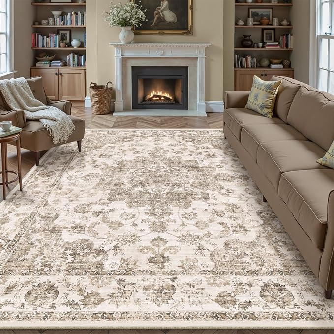 10x12 Brown Neutral Area Rug | Washable, Non Slip, Soft Low Pile, Vintage Farmhouse, Large, for Living Room Bedroom Dining Room Office Indoor Home Decor