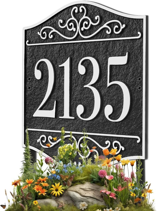 Personalized Lawn Address Sign - Custom Address Plaque,House Number Sign Plaque,House Numbers for Outside Lawn,Ground,Yard,Garden (Black/Silver)