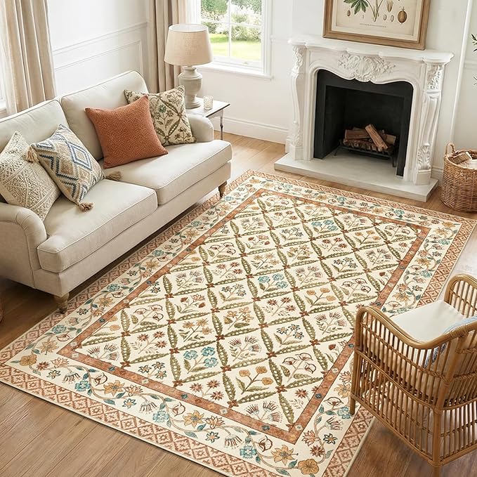 jinchan 5x7 Vintage Floral Washable Living Room Area Rug, Terracotta | Soft & Lightweight, Checkered Floral, Low Pile, Non Slip, Bedroom, Dining Room, Girls Room, Home Office, Cottage Decor