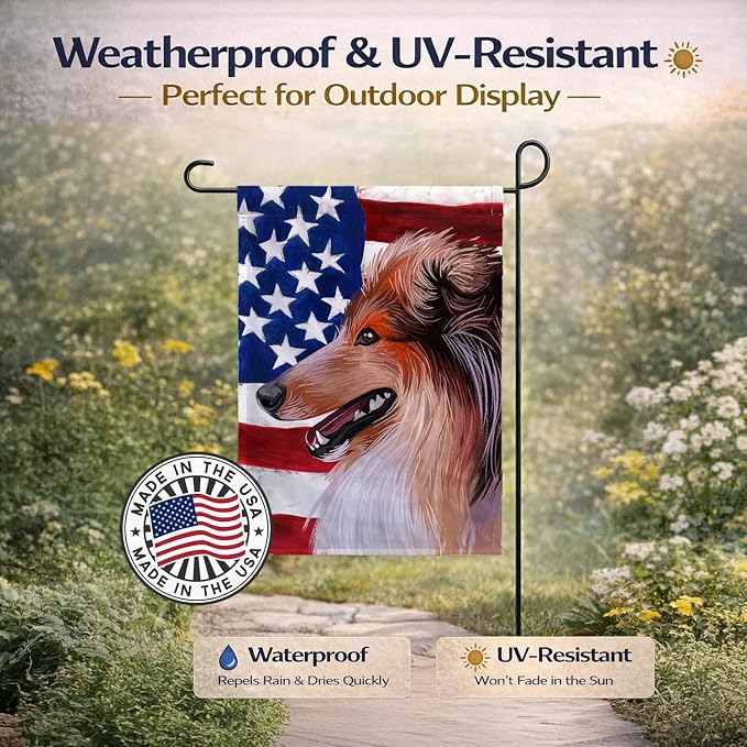 Caroline's Treasures CK6694GF Scotch Collie Dog American Flag Garden Flag Mailbox Flag Decorative Yard Flag Banner Outside Patio Artwork Yard Flower Beds, Garden Size, Multicolor