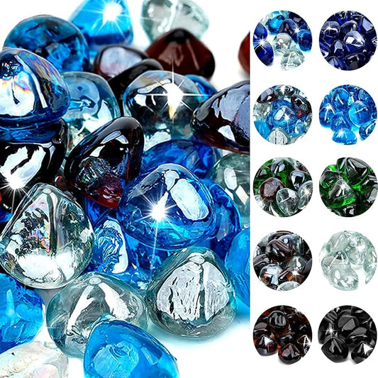 onlyfire 10-Pounds Fire Glass Diamonds for Propane Fire Pit, 1 Inch Blended Firepit Glass Rocks Stones for Gas Fireplace and Fire Pit Table, Caribbean Blue, Crystal Ice and Amber