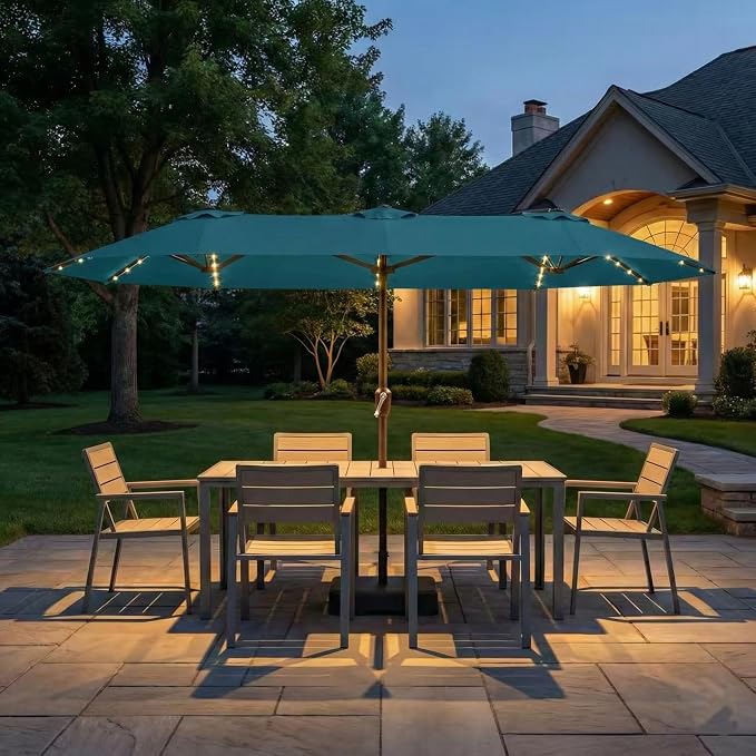 Kingdura 15ft Large Patio Umbrella with Solar Lights, Double-Sided Rectangle Outdoor Table Umbrella with Base Included, 12 Reinforced Ribs, 48 Led Lights, Crank Lift for Market Pool Deck, Lake blue